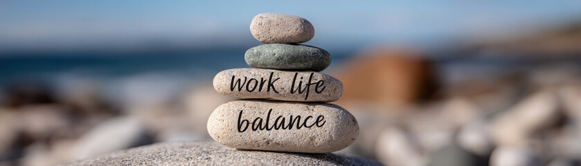 Work life balance concept with stacked stones on blurred beach background