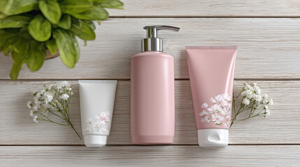 Pink cosmetic tube and bottle with floral design white wooden table with green plant and flowers