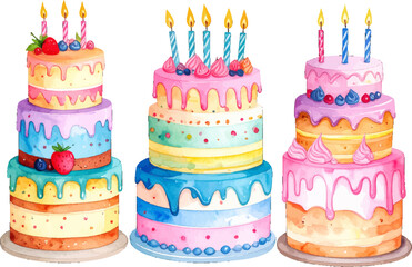 Colorful birthday cakes with candles and decorations. Bright multi-tier cakes for a festive celebration. Rainbow cakes with vibrant icing and sprinkles. Three-layer birthday cakes with joyful colors