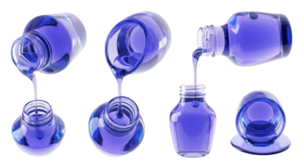 Multiple bottles of purple nail polish being poured showing different angles and spilling on a white background for beauty and cosmetic use