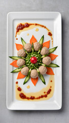 Creative food art presentation of bakso arranged like a flower with vegetables and sauce on a modern plate