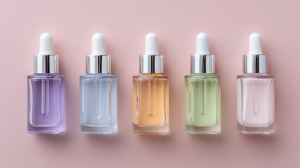 Colorful glass dropper bottles with liquid on pink background, beauty and care