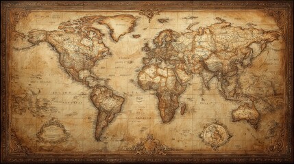 Vintage world map with aged parchment texture, detailed cartography in warm sepia tones for an antique aesthetic.