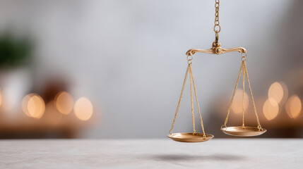 Golden balance scale hanging with blurred lights background, symbolizing justice and fairness