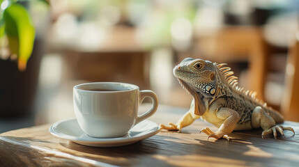 
A Baby Iguana Sitting Beside a Coffee Cup on a Wooden Table
나무 테이블 위 커피잔 옆에 앉아있는 아기 이구아나