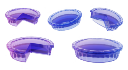 Transparent blue pie dishes with slices cut displayed on a white surface suitable for food presentation visuals