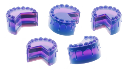 3D rendered image of five transparent blueberry cakes with one slice removed arranged against a white background perfect for dessert-themed design use