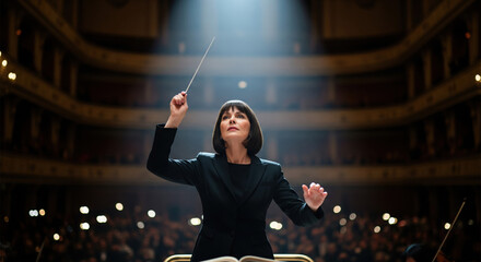 orchestra conductor leading a performance in a grand hall, symbolizing classical music, artistic leadership, and live performance.