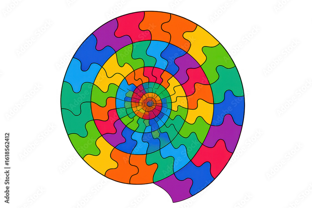 Aufkleber multicolored puzzle pieces spiraling together, representing collaborative problem-solving and creati