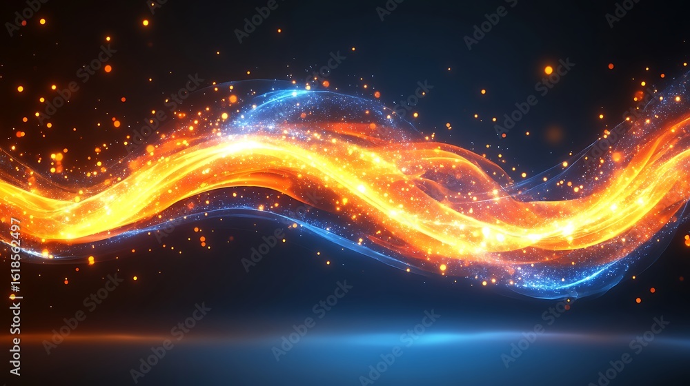 Poster dynamic, fiery abstract design with glowing particles.