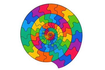 Fototapeta premium Multicolored puzzle pieces spiraling together, representing collaborative problem-solving and creative connections against transparent backdrop