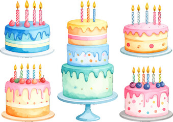 Lovely birthday cakes with festive candles and icing. Colorful layered birthday cakes with icing and candles. Fun birthday cakes with candles and colorful decorations