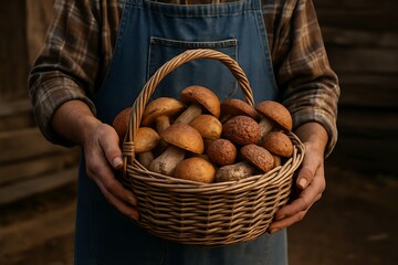Freshly Picked Mushrooms in a Wicker Basket