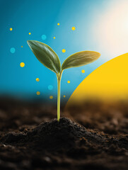 A young green seedling sprouting from rich dark soil, glowing in soft sunlight, surrounded by vibrant graphic elements in yellow and blue symbolizing growth and energy, clean modern political poster d