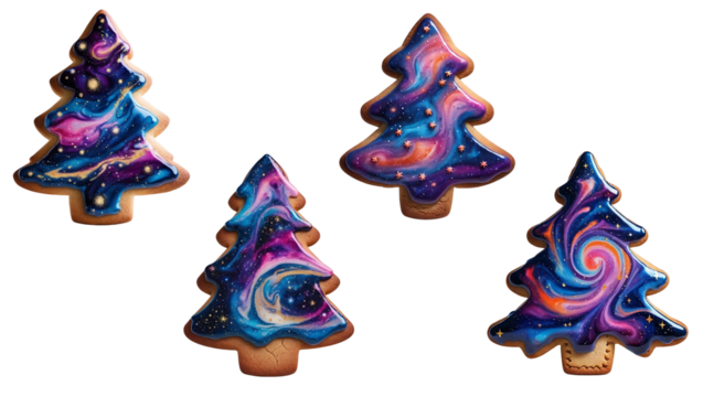 Four Christmas tree-shaped cookies, each uniquely decorated with vibrant galaxy-themed icing featuring swirling cosmic colors and sparkling star details. - Powered by Adobe