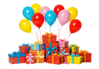 Colorful balloons float above stacked gift boxes with ribbons and bows, isolated on white or transparent background. PNG format