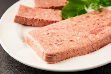 Pate meat peppers pork liver, pork meat riyet fresh delicious gourmet food background on the table rustic food top view copy space