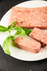 Pate meat peppers pork liver, pork meat riyet fresh delicious gourmet food background on the table rustic food top view copy space