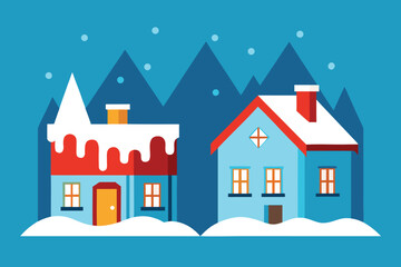 Fototapeta premium two cozy houses covered in snow with mountain backdrop create a winter scene vector illustration