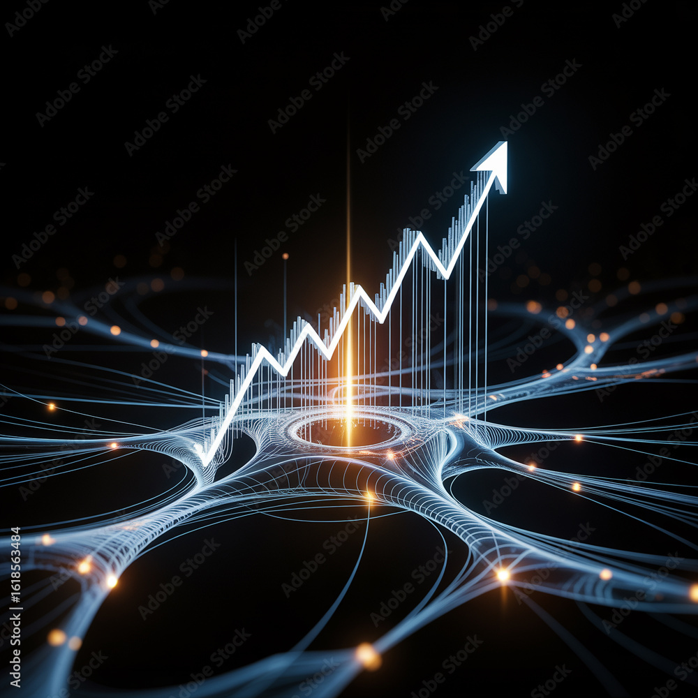 Poster abstract illustration of an upward trending chart on a neural network background signifying growth a