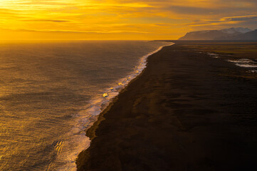 Top view of Reynisfjara from Dyrholaey viewpoint most popular tourist attraction in Iceland