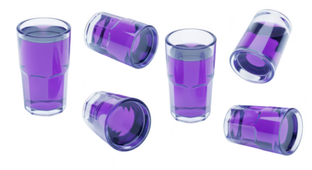 Six clear glasses filled with purple liquid are scattered across a white surface creating a vibrant modern aesthetic suitable for beverages or promotions