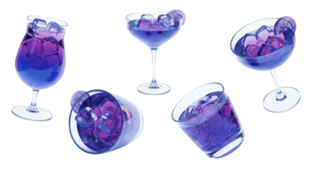 Five clear cocktail glasses filled with purple liquid ice and a lemon slice against a white background showcasing summer drinks
