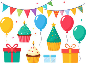 Birthday decorations with balloons, gifts, and cake. Party essentials: balloons, cupcakes, and gifts. Celebration scene with balloons, cake, and presents. Birthday party items: cake, balloons, gifts