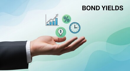 Fototapeta premium Hand holding financial icons like a growth chart, percentage, clock, and money symbol, representing bond yields, investment, and financial performance.