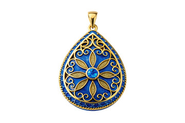 Exquisite teardrop pendant in gold with vibrant blue enamel, featuring an intricate filigree floral design and a central gem