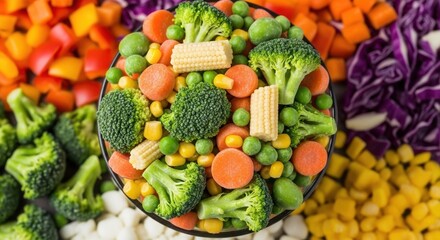 Mixed chopped vegetables including broccoli, carrots, corn, and peas, ideal for healthy eating, cooking, and fresh produce themes.