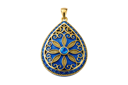 Exquisite teardrop pendant in gold with vibrant blue enamel, featuring an intricate filigree floral design and a central gem