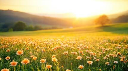 Obraz premium Breathtaking Sunrise Over a Vibrant Field of Wildflowers Illuminating the Landscape with Warm Golden Light in a Serene Nature Scene