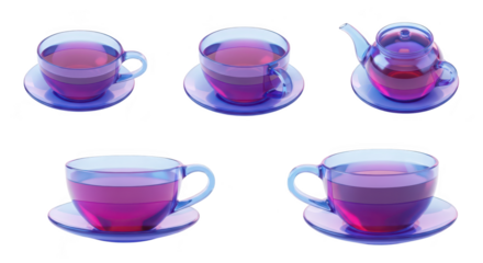 Rendered images of clear glass tea cups and a teapot with tea on saucers against a white background for product marketing or illustrating beverage concepts