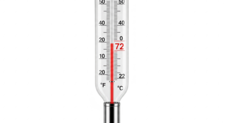 Illustration of a glass thermometer showing a temperature of 72 degrees isolated on transparent background