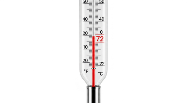 Illustration of a glass thermometer showing a temperature of 72 degrees isolated on transparent background