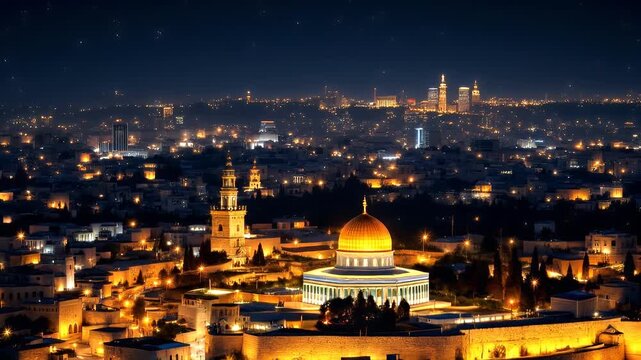 Jerusalem Nightscape: Golden Dome and City Lights Panoramic 4K Timelapse