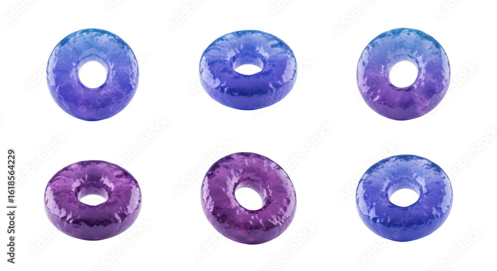 Poster colorful donut-shaped objects in various hues arranged on a plain white backdrop potentially for ill