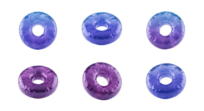 Colorful donut-shaped objects in various hues arranged on a plain white backdrop potentially for illustrative purposes