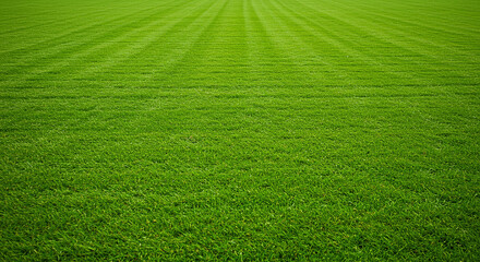 Vibrant green mown grass field with subtle stripes receding into the distance