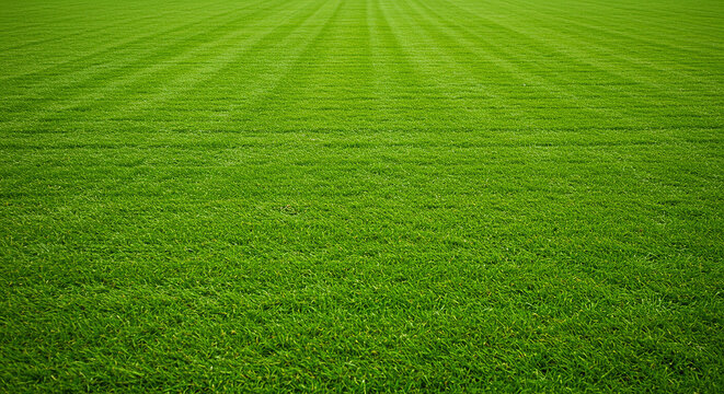 Vibrant green mown grass field with subtle stripes receding into the distance
