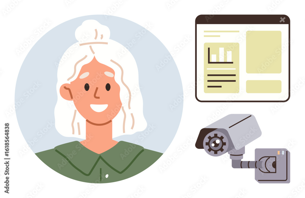 Poster woman with bright expression next to web analytics interface and security camera. ideal for technolo