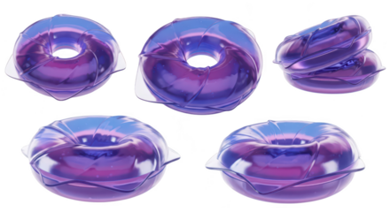 Translucent purple inflatable pool toys floating against a white background showcasing vibrant designs Good for summer and vacation promotions