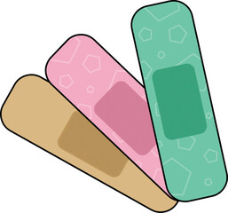 Colorful vector illustration of three adhesive bandages in pastel tones—beige, pink, and green—arranged in a fan-like layout.