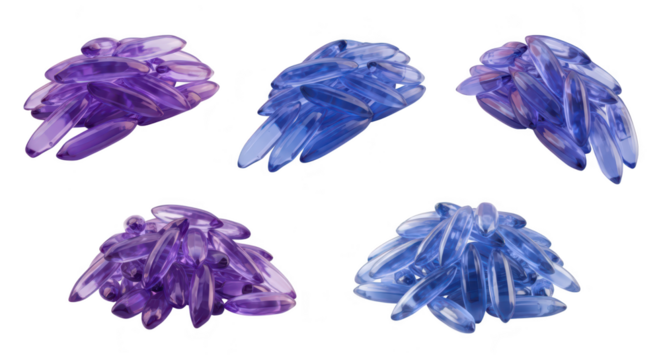 Translucent layered abstract shapes in shades of purple and blue grouped together on a white background suitable for design elements