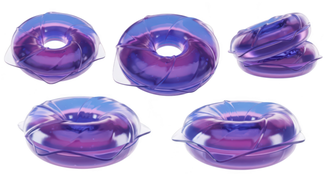 Translucent purple inflatable pool toys floating against a white background showcasing vibrant designs Good for summer and vacation promotions
