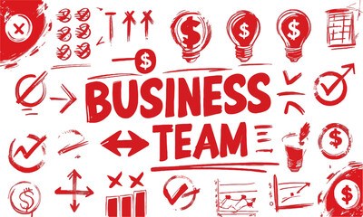 Scalable vector graphic in a collection of hand-drawn sketch-style icons,  arrows in different directions, checkmarks, crosses, symbols like lightbulbs, dollar signs,easily editable.