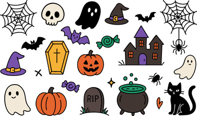 Bright and playful Halloween icon set in color, featuring ghosts, pumpkins, bats, candy, witches, haunted house, cat, and spooky elements. Ideal for festive design projects. Vector EPS 10