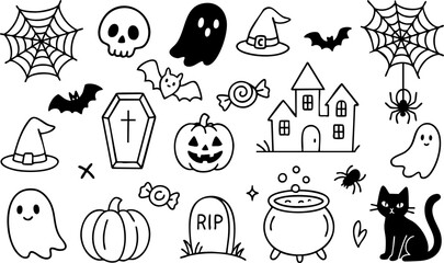 Cute black and white Halloween doodle set with pumpkins, ghosts, bats, spiders, witch hats, and other spooky symbols. Perfect for seasonal decorations and stickers. Vector EPS 10