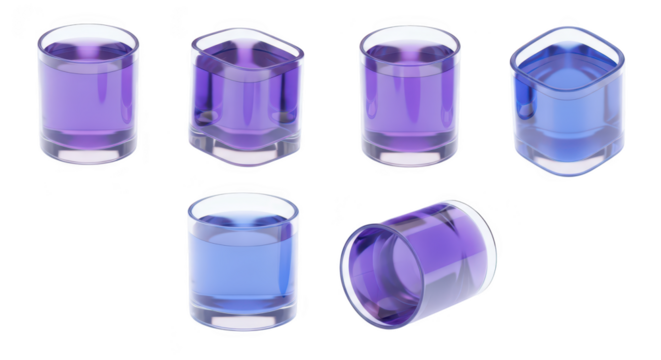 Isometric glasses filled with colored liquid displayed on a white backdrop presenting a conceptual beverage illustration for abstract drink designs